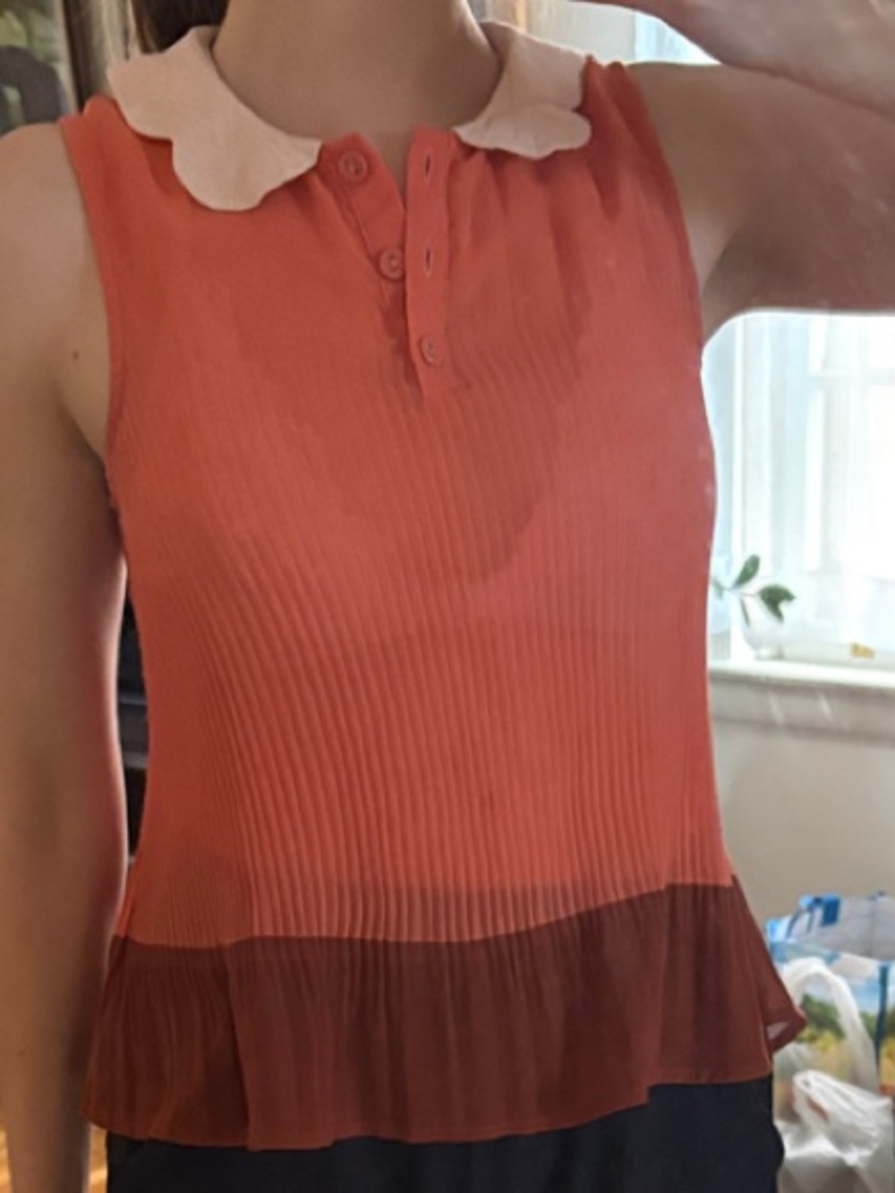 Sleeveless Orange Contrast Hem Top with Peter Pan Collar